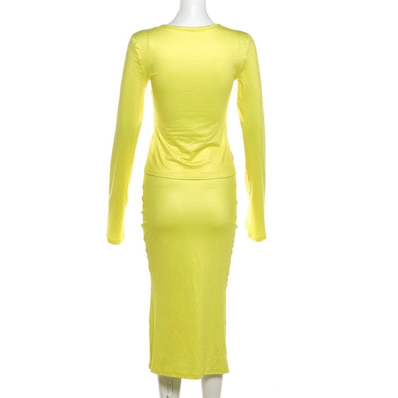 Lime Green Glow-Up: O-Ring Long Sleeve Midi Skirt Set – Your Fall & Holiday Statement Piece