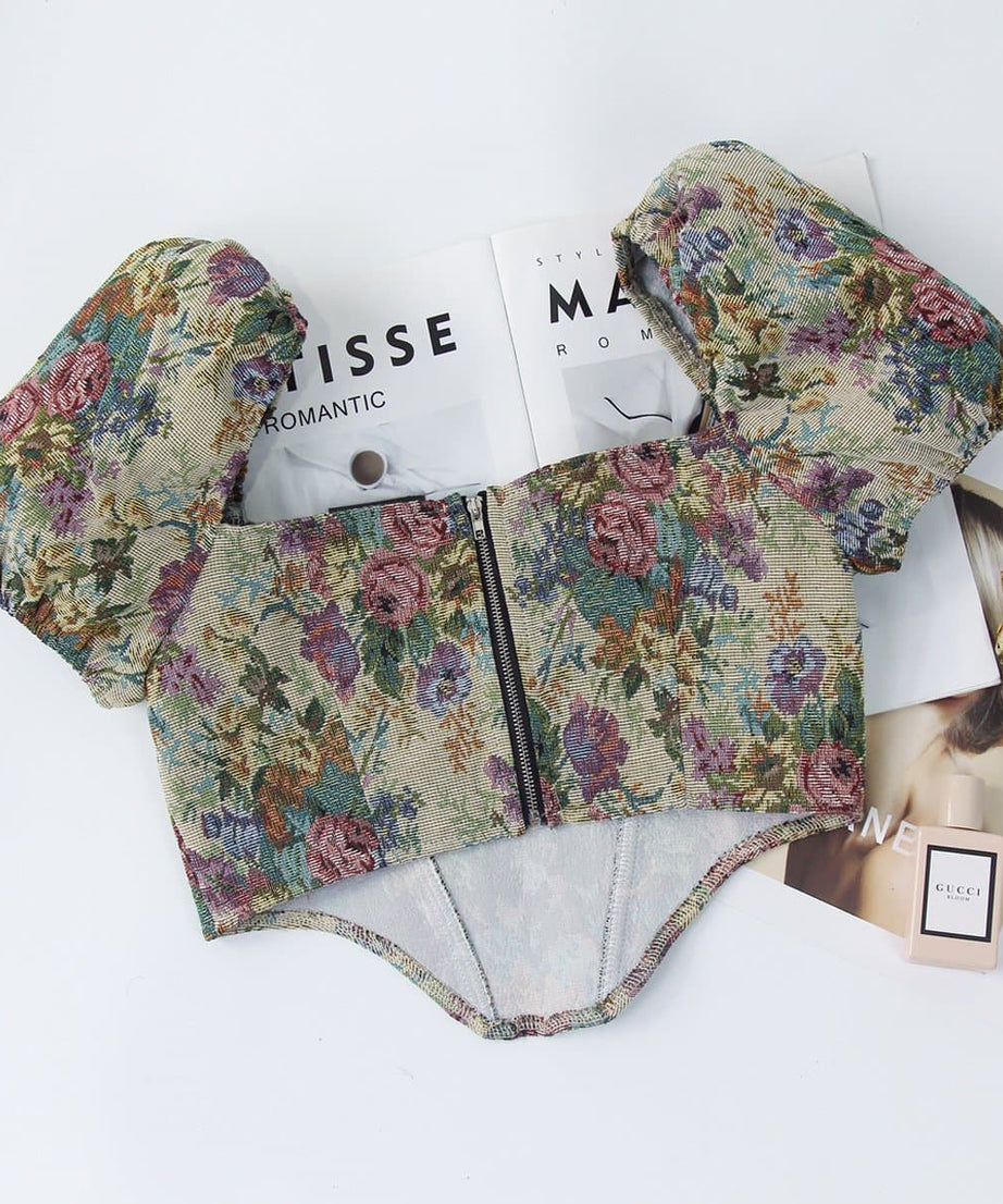 Vintage Bloom Tapestry Floral Bustier Crop Top with Puff Sleeves - Fall 2025 Collection