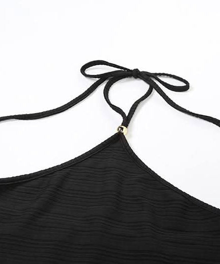 Effortless Chic: Black Halter Neck Backless Textured Shorts Set – Perfect for Fall Layering & Cozy Comfort