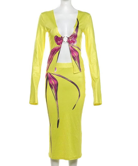 Lime Green Glow-Up: O-Ring Long Sleeve Midi Skirt Set – Your Fall & Holiday Statement Piece