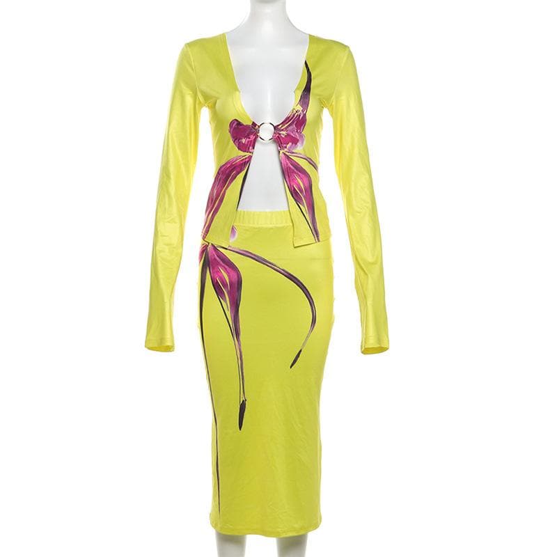 Lime Green Glow-Up: O-Ring Long Sleeve Midi Skirt Set – Your Fall & Holiday Statement Piece