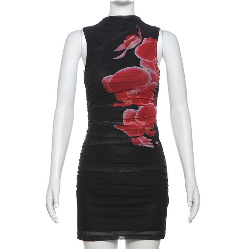 Sultry Orchid Blossom Mock Neck Mini Dress - Black Ruched Mesh for Fall & Holiday Parties