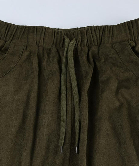 Effortless Fall Boho Chic: Olive Green Drawstring Maxi Skirt with Lace Slit & Pockets