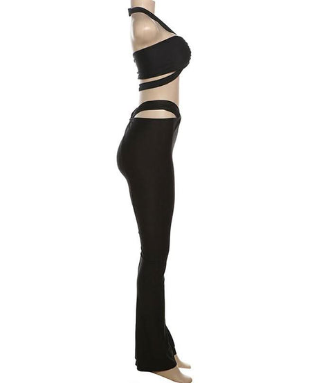 Y2K Black Strappy O-Ring Cutout Halter Top & Flare Pant Set - Perfect for Halloween & Fall Parties