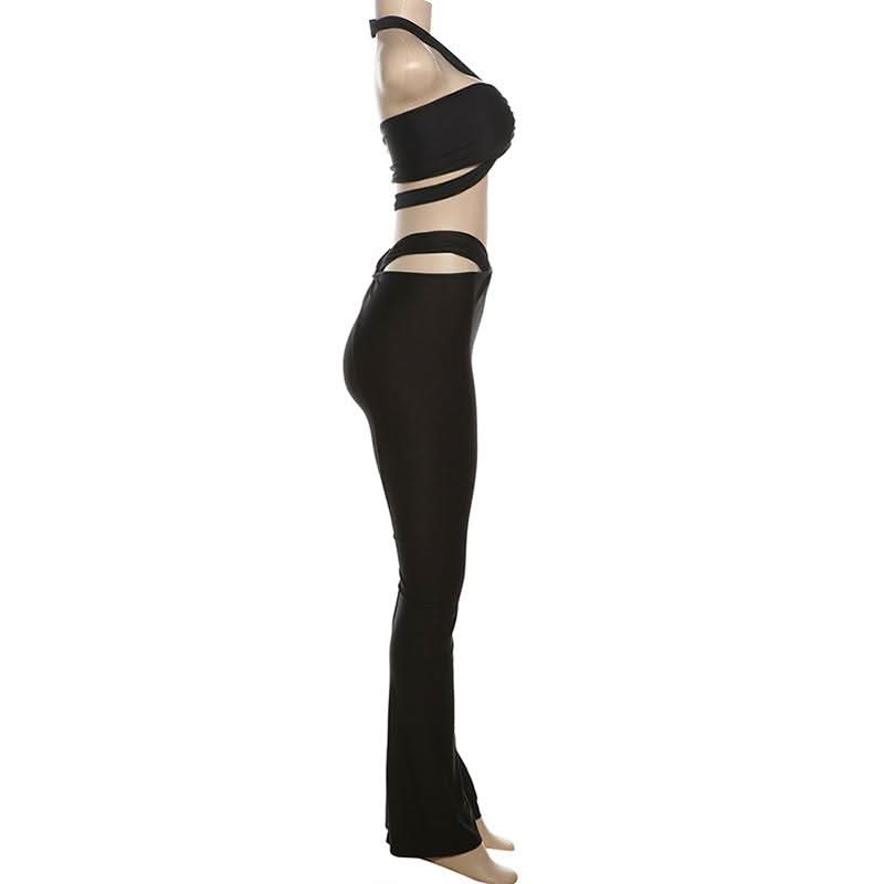 Y2K Black Strappy O-Ring Cutout Halter Top & Flare Pant Set - Perfect for Halloween & Fall Parties