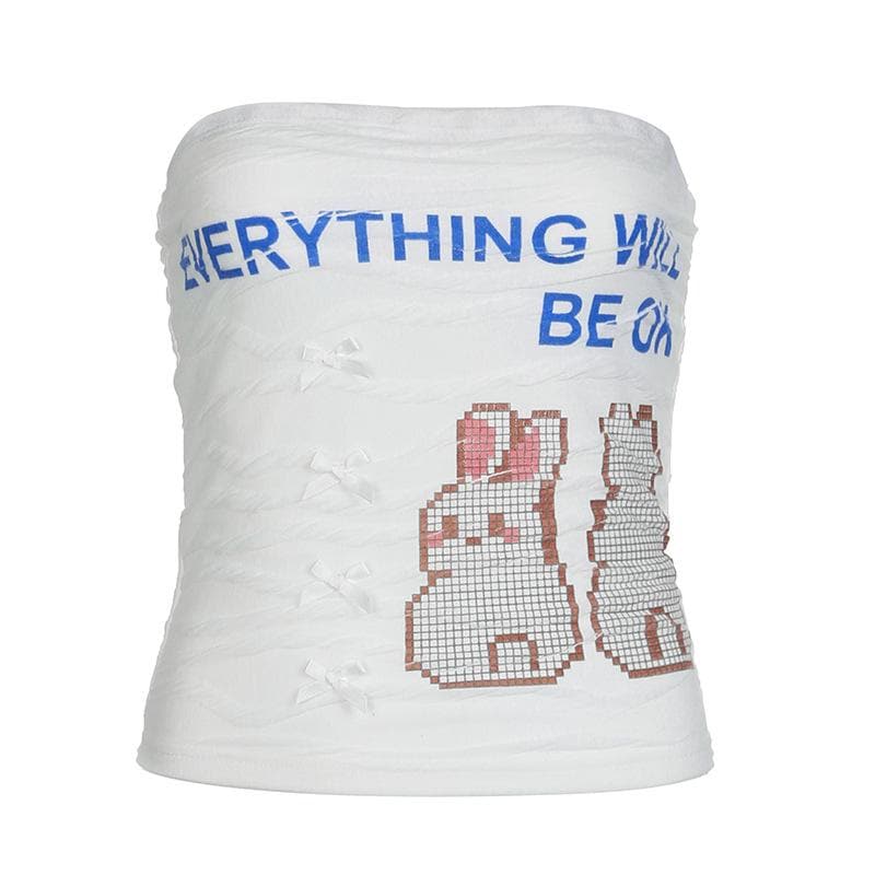 Y2K "Everything Will Be OK" Pixel Bunny Tube Top | Trendy Fall Style with Bow Accents