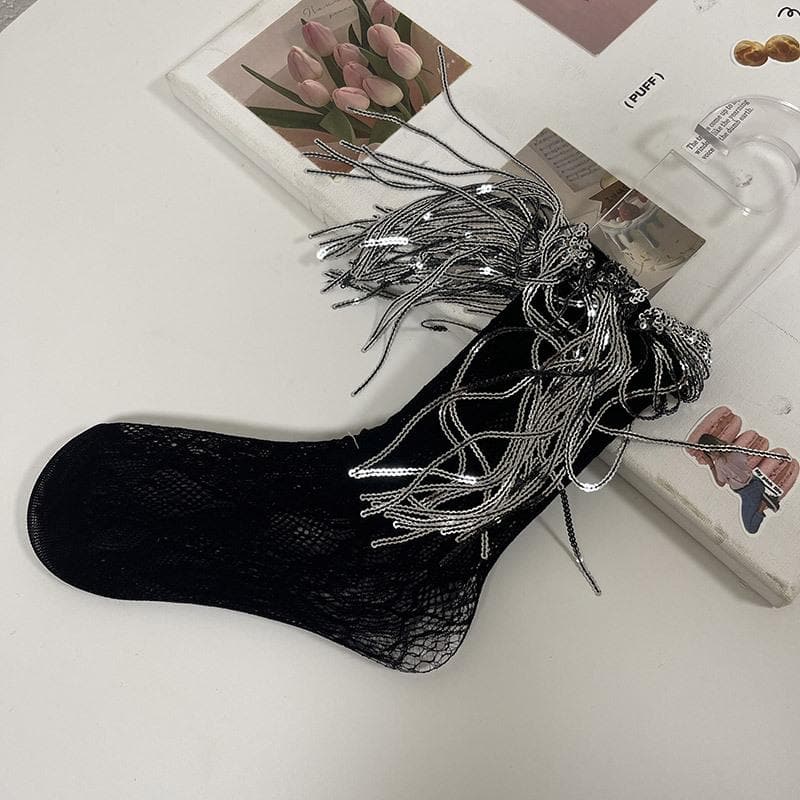 Dazzling Silver Fringe & Lace Ankle Socks – Your Ultimate Holiday Party Statement!
