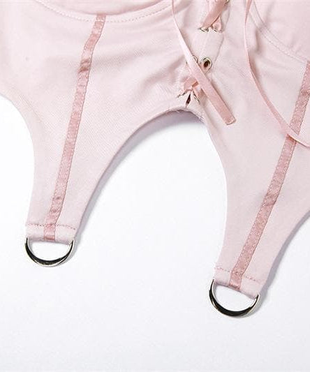 Trendy Blush Pink Lace-Up Corset Crop Top - Y2K Cut-Out Style for Fall Nights & Beyond