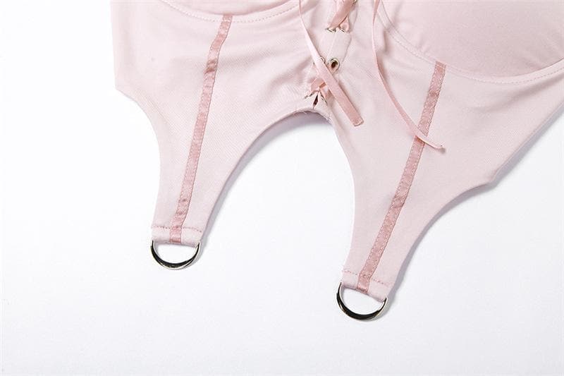 Trendy Blush Pink Lace-Up Corset Crop Top - Y2K Cut-Out Style for Fall Nights & Beyond