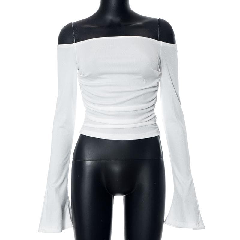 Effortless Fall Chic: Ribbed Off-Shoulder Ruched Top with Bell Sleeves
