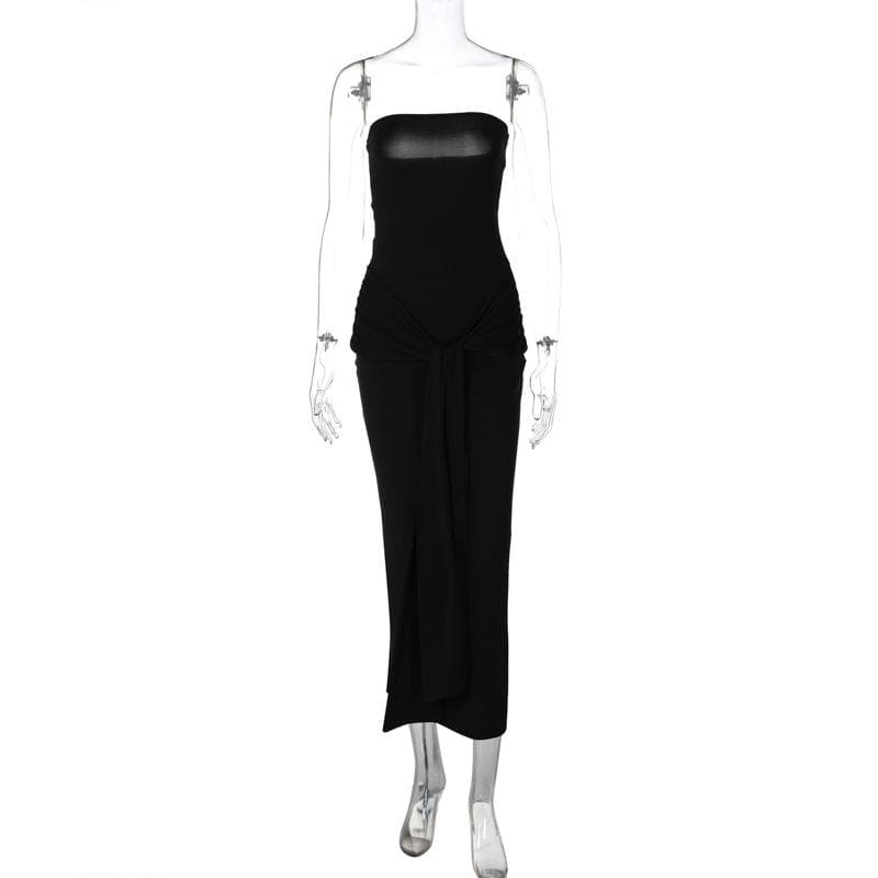 Chic Black Strapless Ruched Knot-Front Maxi Dress | Fall & Holiday Glamour