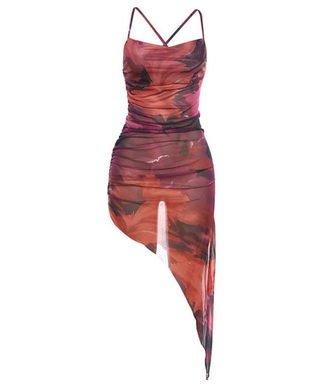 Autumn Glow Ruched Mesh Midi Dress - Asymmetrical Hem & Abstract Fall Print