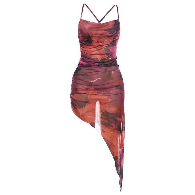 Autumn Glow Ruched Mesh Midi Dress - Asymmetrical Hem & Abstract Fall Print