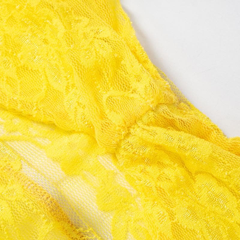 Vibrant Yellow Lace Cut-Out Tube Top & Leggings Set – Your Ultimate Halloween & Party Statement