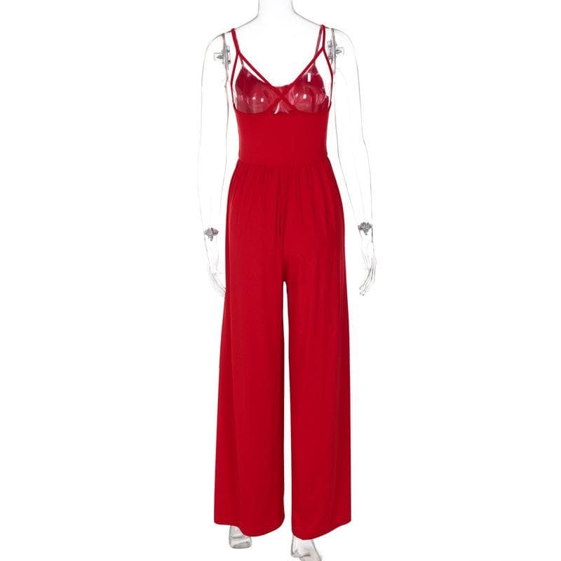 Chic Red Ruched Cross-Back Cami Jumpsuit - Effortless Wide Leg Style for Fall & Holiday