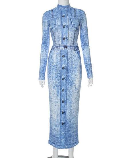 Effortless Fall Chic: Acid Wash Denim Illusion Long Sleeve Maxi Dress