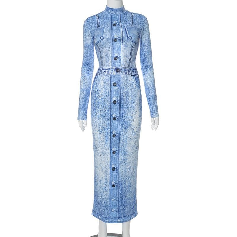 Effortless Fall Chic: Acid Wash Denim Illusion Long Sleeve Maxi Dress