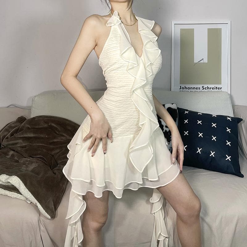 Effortless Elegance: White Ruffle Halter Mini Dress for Fall Parties & Getaways