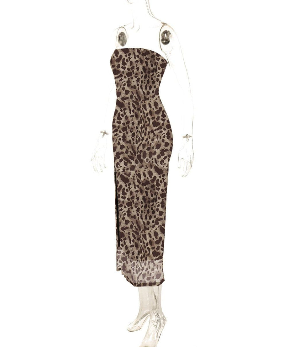 Sultry Leopard Print Mesh Tube Midi Dress with High Slit - Fall & Holiday Party Ready