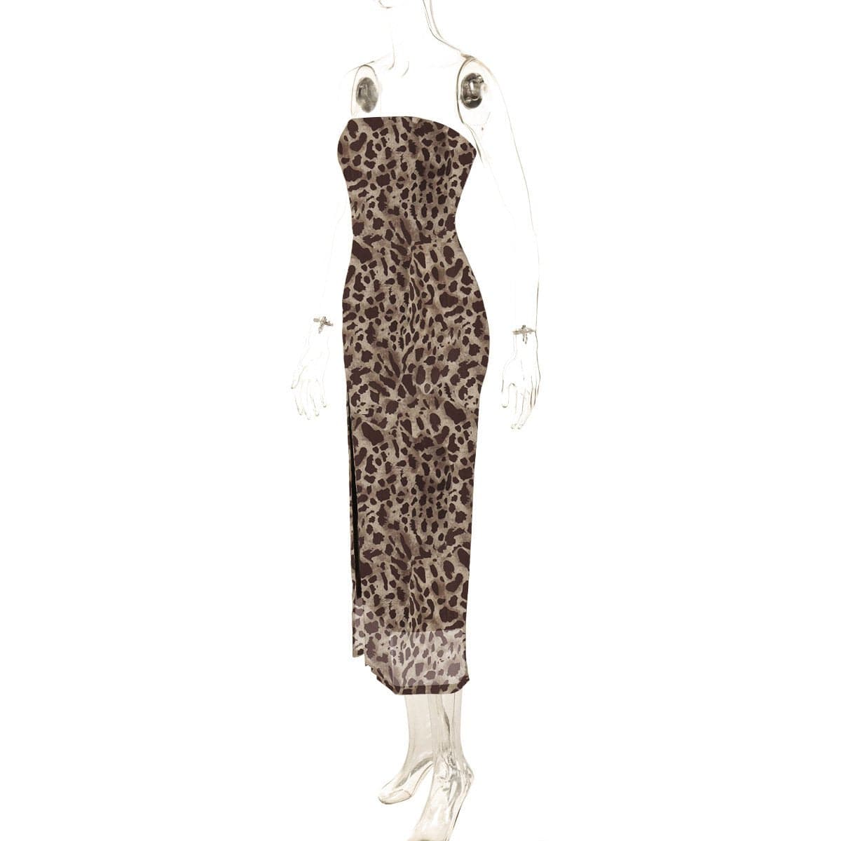 Sultry Leopard Print Mesh Tube Midi Dress with High Slit - Fall & Holiday Party Ready