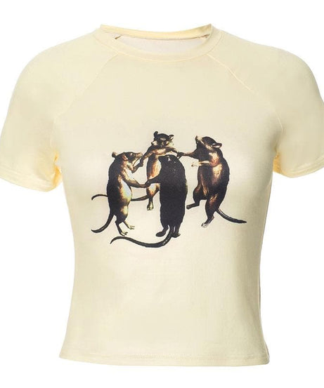 Whimsical Dancing Rats Graphic Crop Top - Unique Fall Fashion for Her