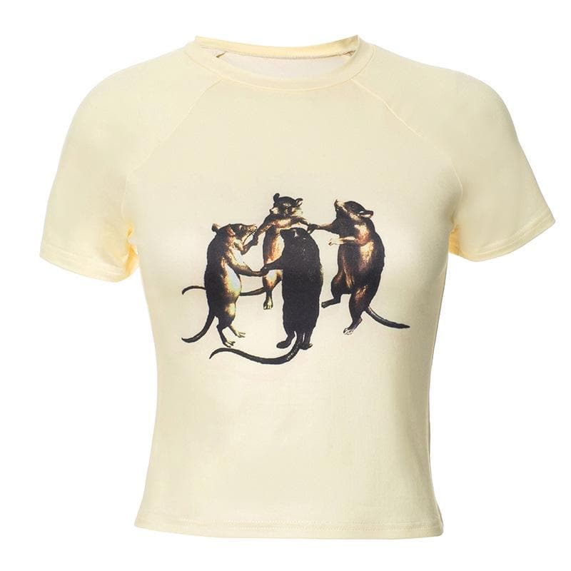 Whimsical Dancing Rats Graphic Crop Top - Unique Fall Fashion for Her