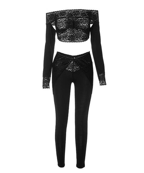 Gothic Glam Black Lace Two-Piece Set: Off-Shoulder Crop Top & High-Waist Leggings for Fall Nights & Halloween