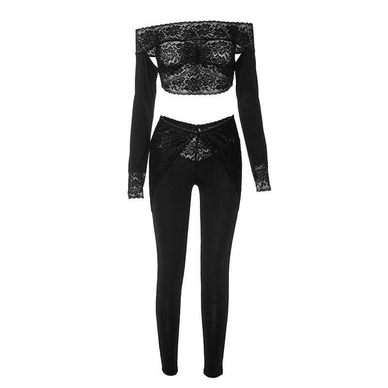 Gothic Glam Black Lace Two-Piece Set: Off-Shoulder Crop Top & High-Waist Leggings for Fall Nights & Halloween