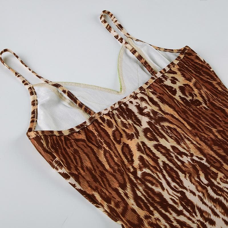 Sultry Leopard Print Cami Mini Dress | Green Lace Trim & Bow | Y2K Fall Fashion