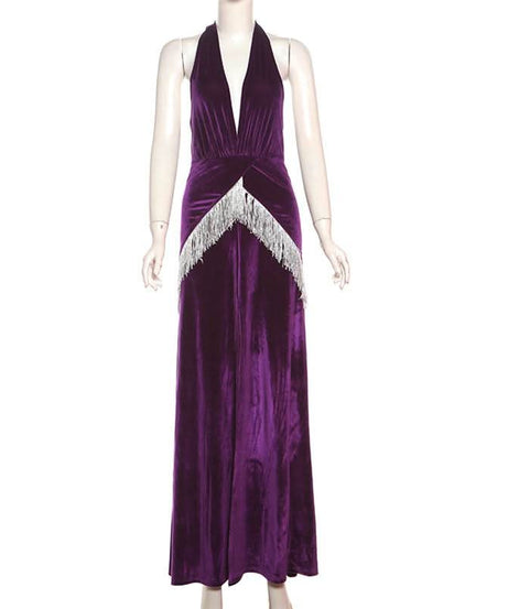 Showstopping Regal Purple Velvet Halter Maxi Dress with Dazzling Fringe | Holiday & New Year's Eve Gala Gown