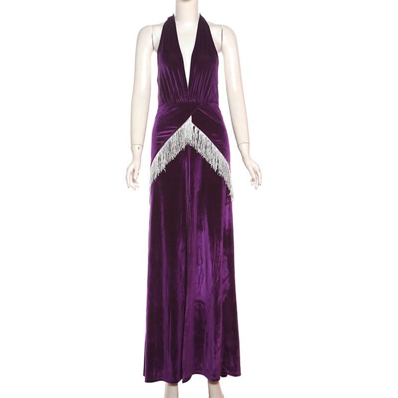 Showstopping Regal Purple Velvet Halter Maxi Dress with Dazzling Fringe | Holiday & New Year's Eve Gala Gown