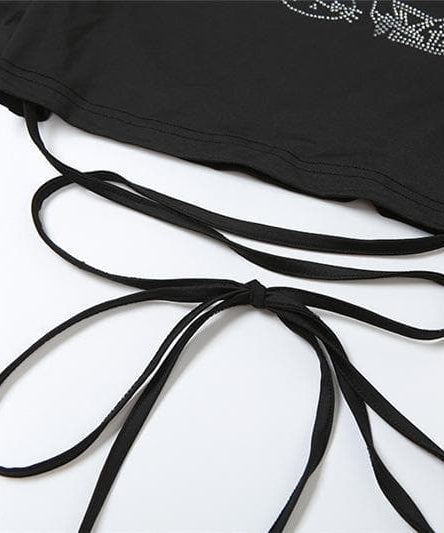 Sparkle & Slay: Rhinestone Long Sleeve Tie-Front Crop Top - Fall Party & Date Night Ready