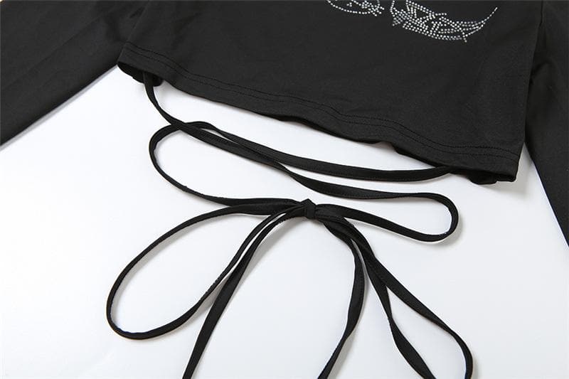 Sparkle & Slay: Rhinestone Long Sleeve Tie-Front Crop Top - Fall Party & Date Night Ready