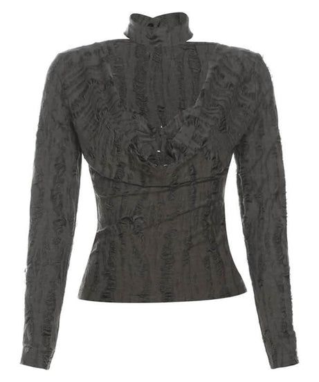 Edgy Distressed Cowl Neck Long Sleeve Top & Choker Set - Grunge & Y2K Fall Fashion for Women