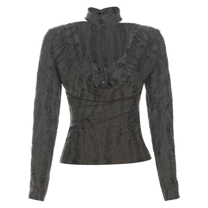Edgy Distressed Cowl Neck Long Sleeve Top & Choker Set - Grunge & Y2K Fall Fashion for Women