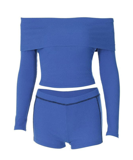 Cozy Chic Cobalt Blue Ribbed Off-Shoulder Long Sleeve Crop Top & Shorts Set - Fall Lounge Essential