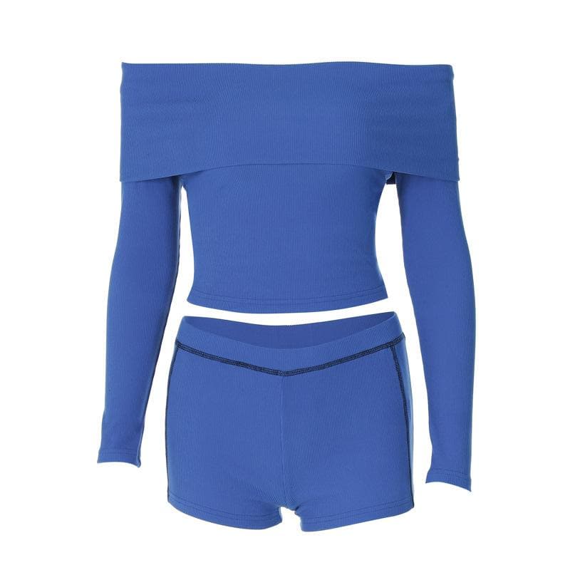 Cozy Chic Cobalt Blue Ribbed Off-Shoulder Long Sleeve Crop Top & Shorts Set - Fall Lounge Essential