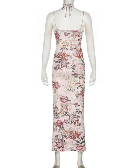 Effortless Autumn Bloom Maxi Dress & Choker Set | Chic V-Neck Floral Gown