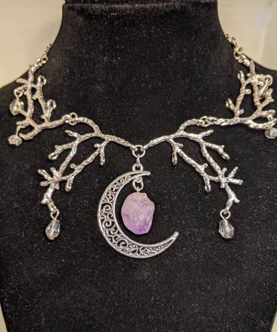 Celestial Enchantment: Raw Amethyst Crescent Moon Branch Necklace | Unique Fall & Holiday Gift for Her
