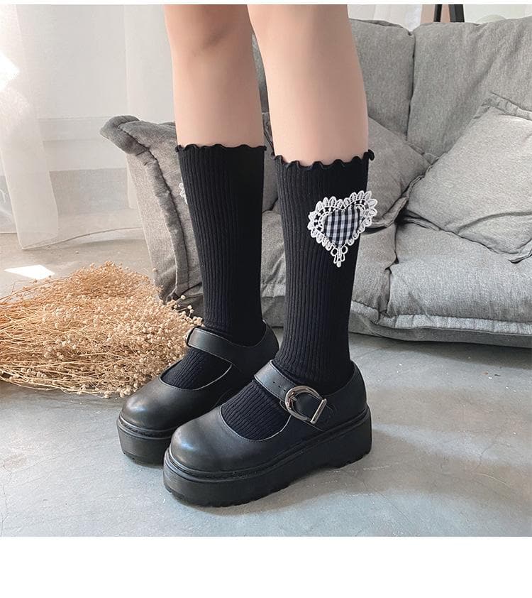 Sweet & Spooky: Ruffle Heart Ribbed Crew Socks - Fall & Halloween Ready!