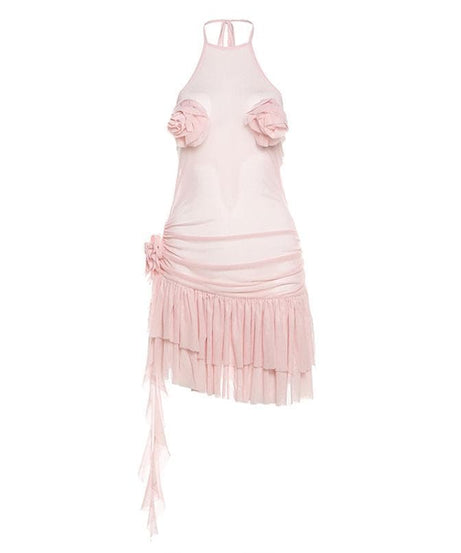 Coquette Dream Pink Halter Mini Dress | Sheer Mesh & Ruffle Flowers for Fall Parties