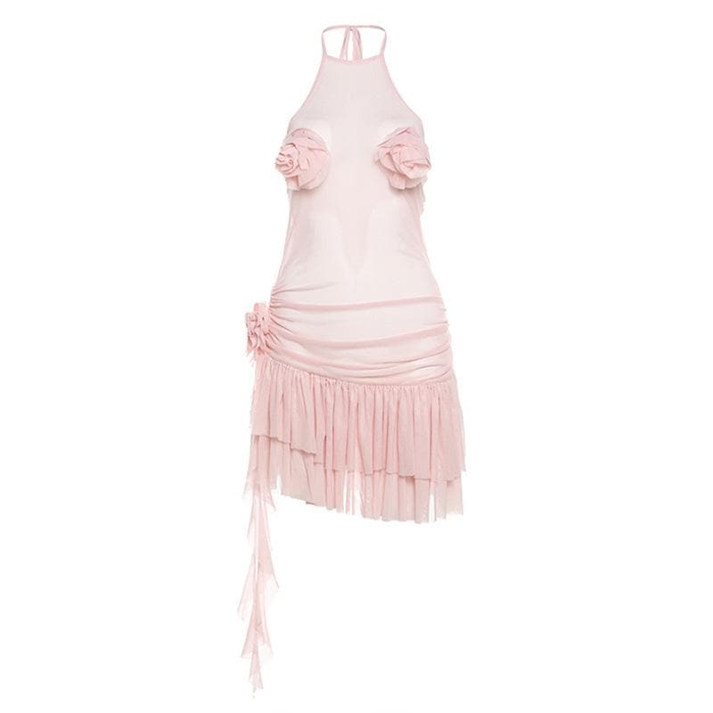 Coquette Dream Pink Halter Mini Dress | Sheer Mesh & Ruffle Flowers for Fall Parties