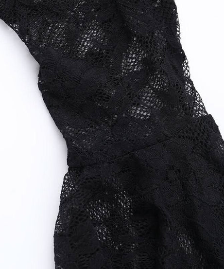 Bewitching Black Velvet & Lace Maxi Dress - Elegant Bell Sleeve Gown for Halloween & Fall Soirees