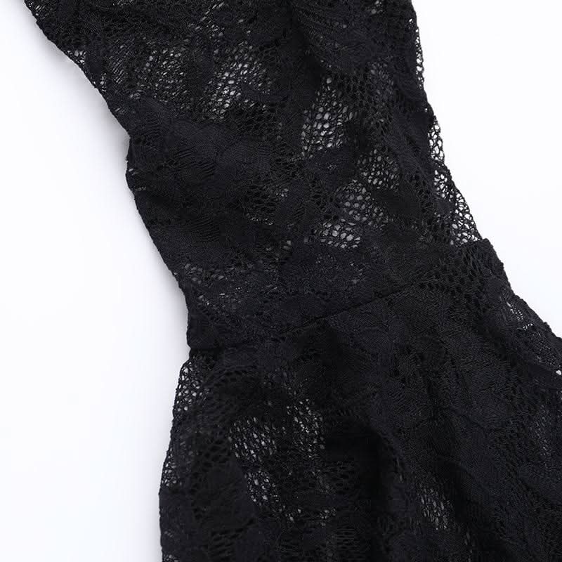 Bewitching Black Velvet & Lace Maxi Dress - Elegant Bell Sleeve Gown for Halloween & Fall Soirees