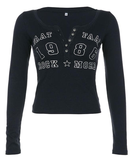 Effortless Fall Vibes: Retro 1986 Graphic Long Sleeve Henley Top for Women