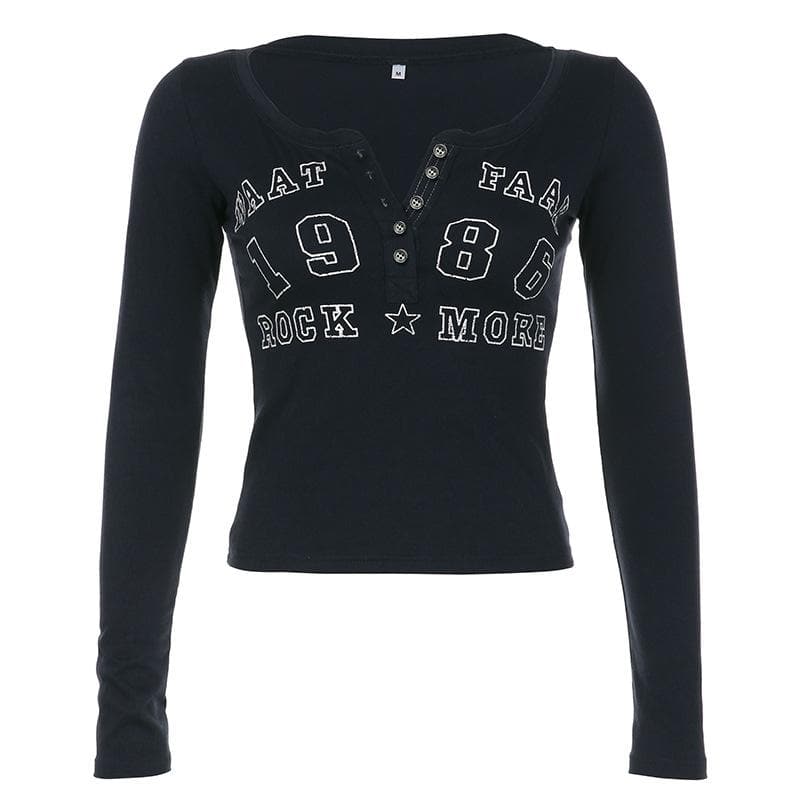 Effortless Fall Vibes: Retro 1986 Graphic Long Sleeve Henley Top for Women