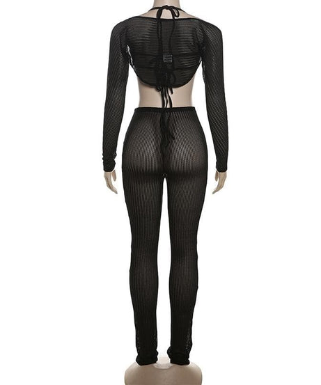 Fall Getaway Essential: Sheer Ribbed Knit Halter Crop Top & High-Waist Leggings Set - Resort & Festival Ready