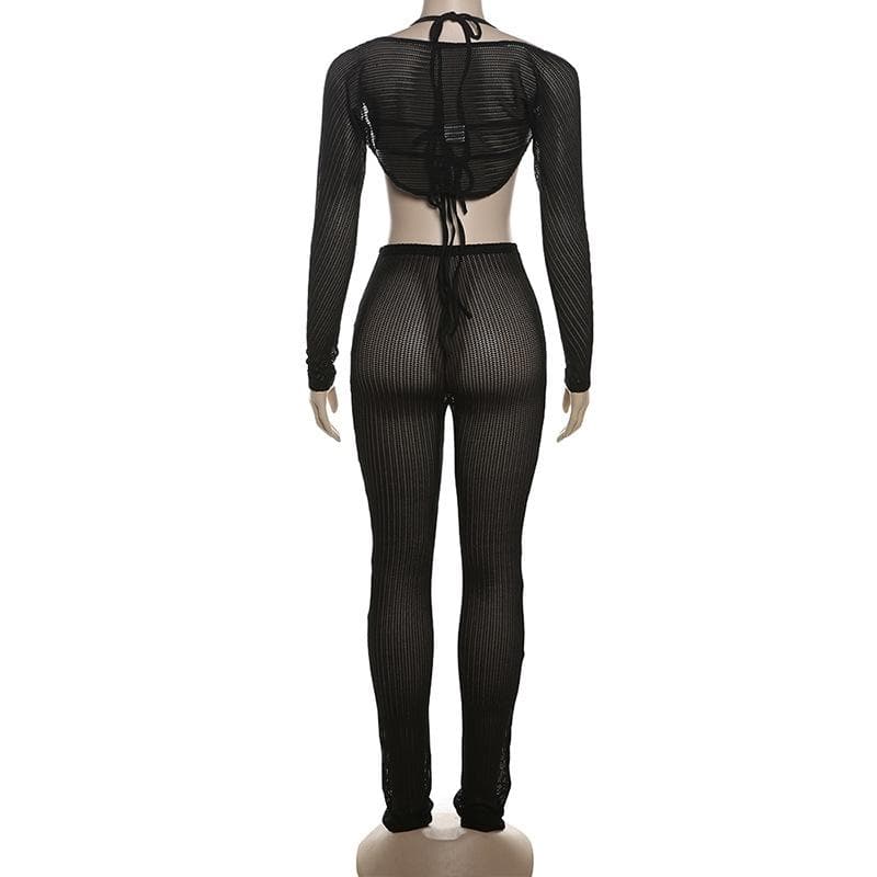 Fall Getaway Essential: Sheer Ribbed Knit Halter Crop Top & High-Waist Leggings Set - Resort & Festival Ready