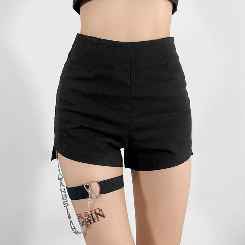 Edgy Chic High-Waisted Black Shorts with Detachable Letter Chain Garter – Your Fall & Halloween Party Essential