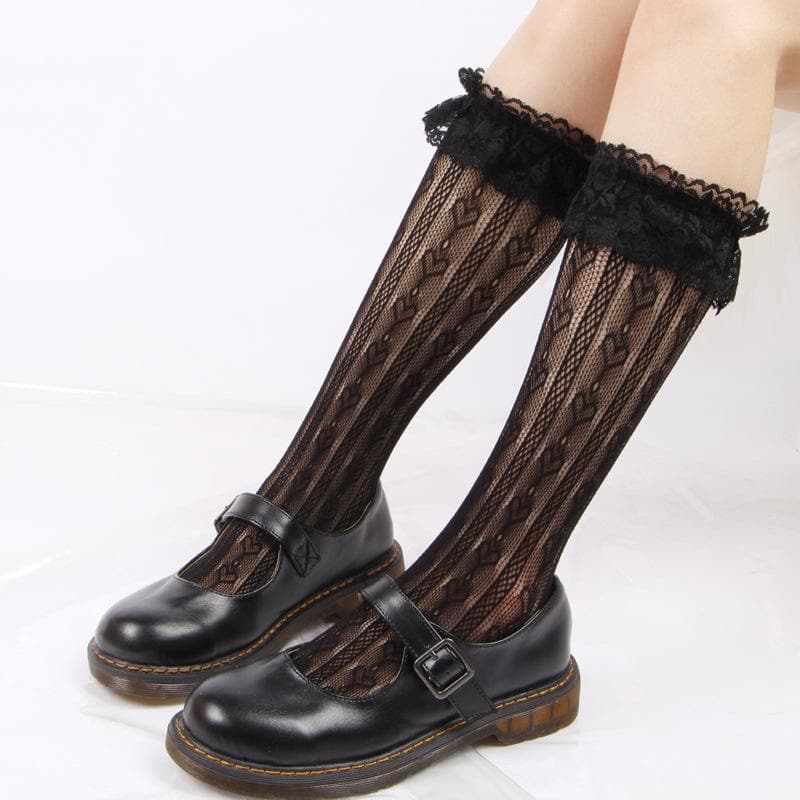 Sweetheart Lace Ruffle Knee-High Socks | Delicate Heart Knit | Cozy Fall & Coquette Style